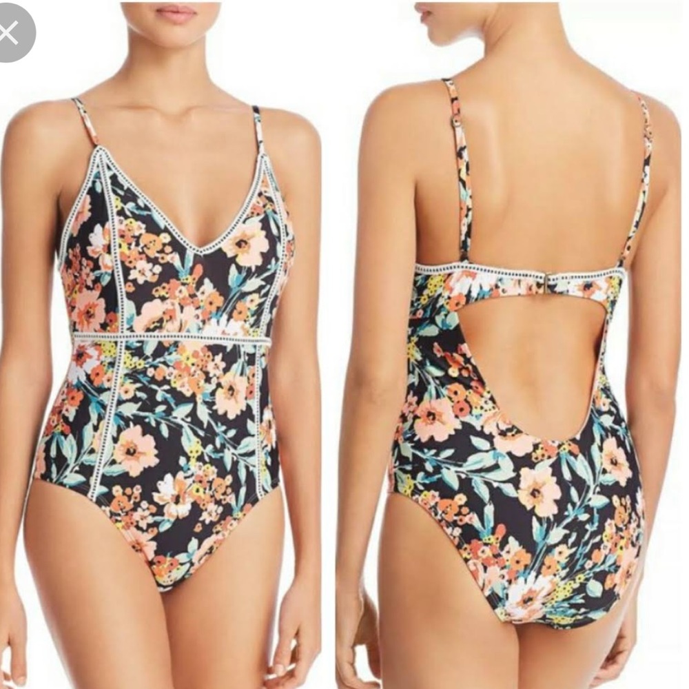 NEW lucky brand S one piece swimsuit black floral print crochet trim cutout back